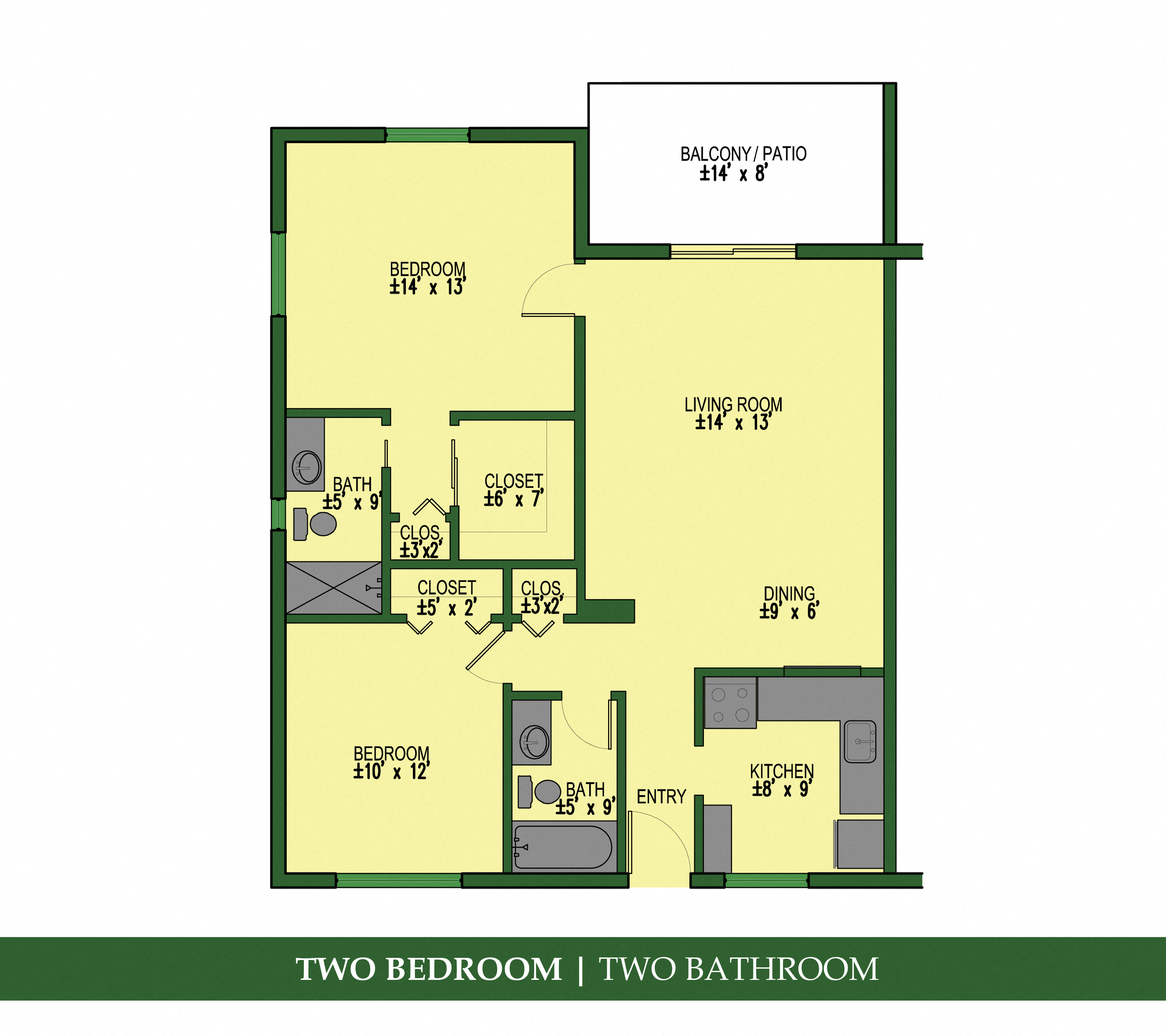 Floor plan for 2 beds, 2 baths, 1064 sqft